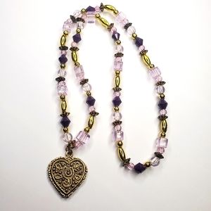 Gold & Purple Beaded Necklace w/ Pendant